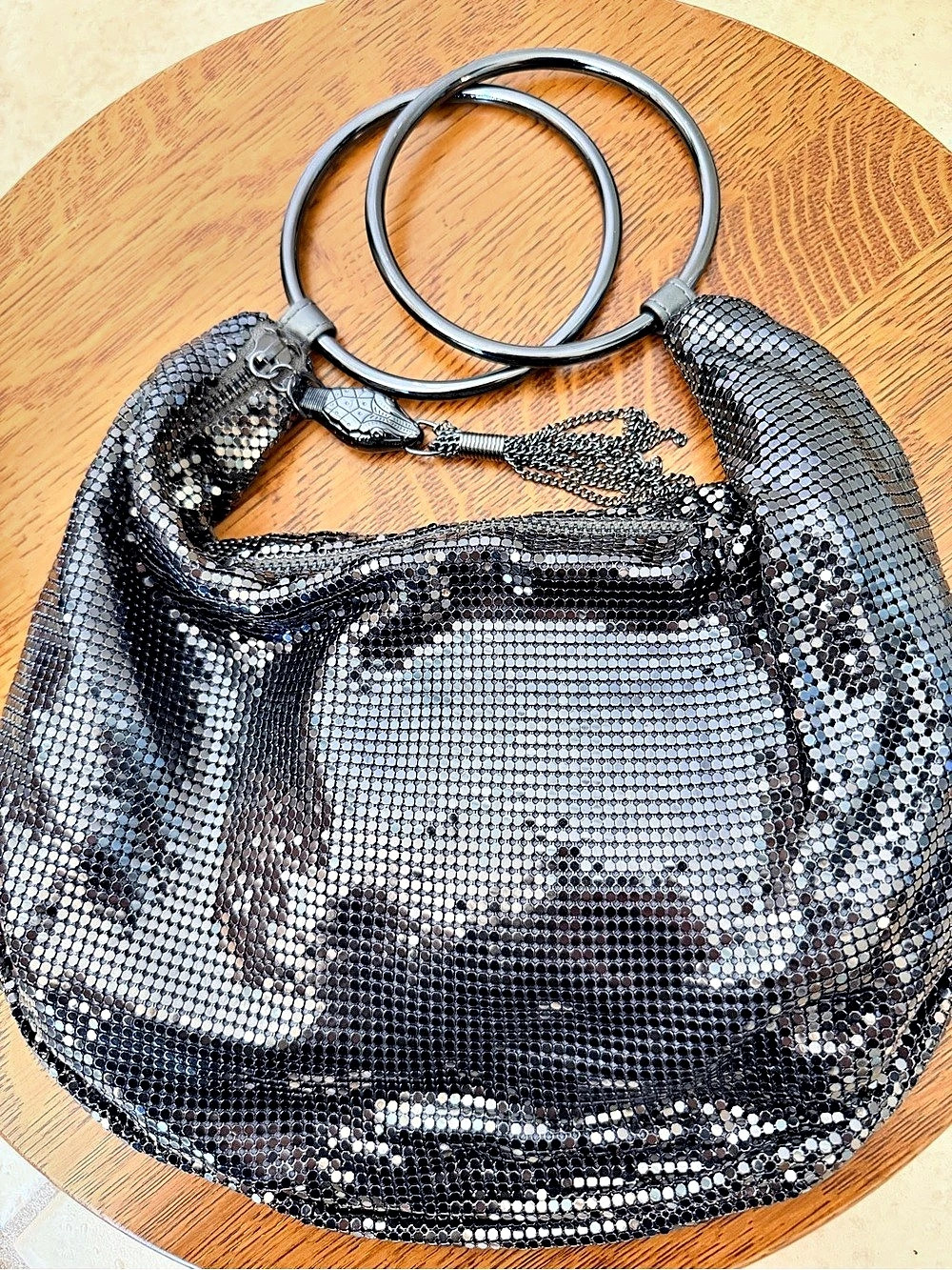 Whiting & Davis Black Mesh Ring Handle Hobo Bag with Snake Zipper